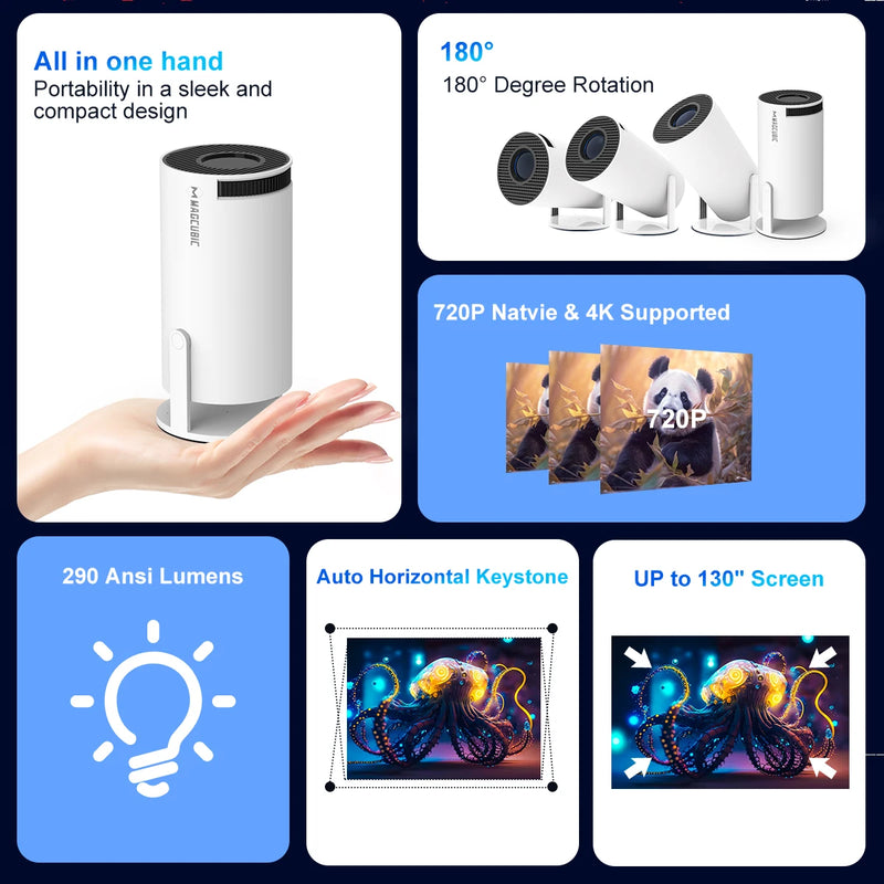 Projetor MAGCUBIC HY300 PRO — 4K, Android 11, Wi-Fi 6 Duplo, 290 ANSI Lúmens, Chip Allwinner H713, Bluetooth 5.0, Resolução 1080P (nativa 1280×720P) — Ideal para Cinema em Casa e Uso Externo